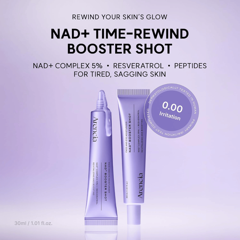 Arencia NAD+ Booster Shot con 5% de NAD+ Complex, resveratrol y péptidos – crema facial dermatológicamente probada para piel cansada y madura.