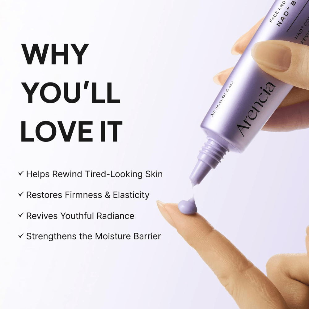 Arencia NAD+ Booster Shot 30 ml – crema facial nutritiva que fortalece la barrera cutánea y aporta firmeza, elasticidad y luminosidad.