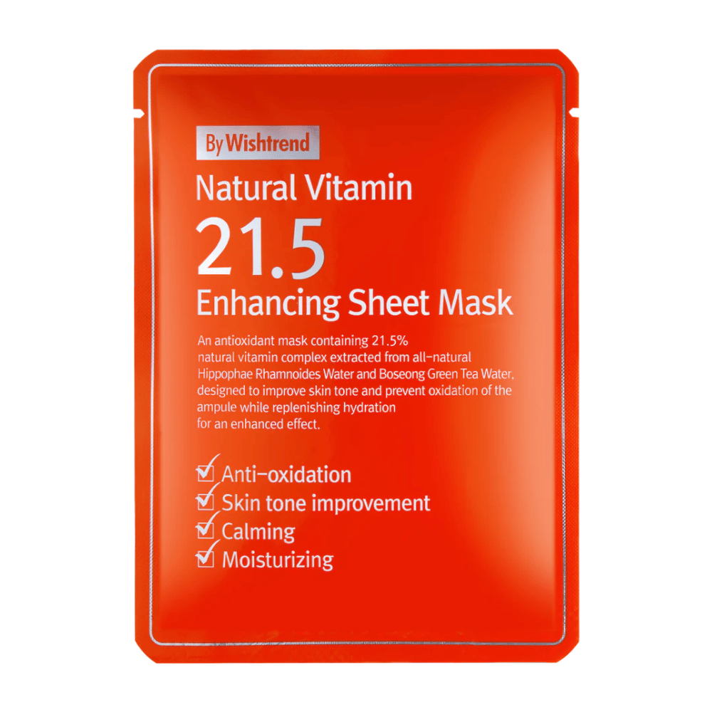 By Wishtrend Natural Vitamin 21.5% Enhancing Sheet mask en un envase rojo con texto blanco, que resalta sus propiedades antioxidantes e hidratantes.