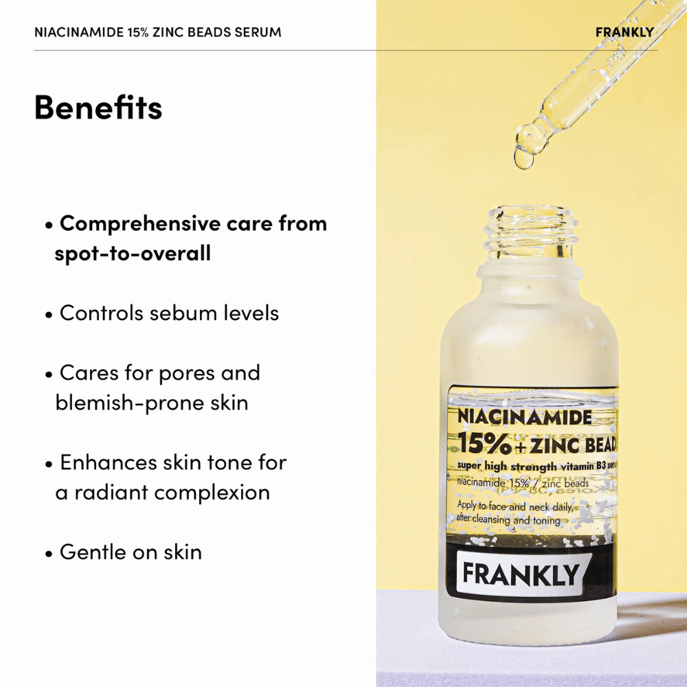 Botella con FRANKLY Niacinamide 15% + Zinc Beads Serum sobre fondo amarillo. El texto lista Ventajas: equilibra el sebo, reduce los poros y unifica el tono de la piel.
