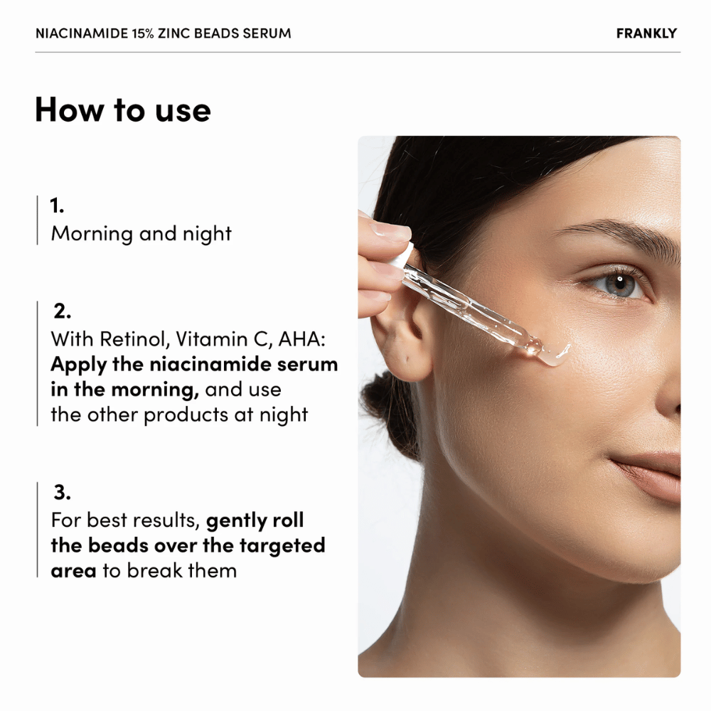 Mujer aplica FRANKLY Niacinamide 15% + Zinc Beads Serum con pipeta en la mejilla. El texto explica el uso por la mañana y la noche y el masaje cuidadoso de las perlas.