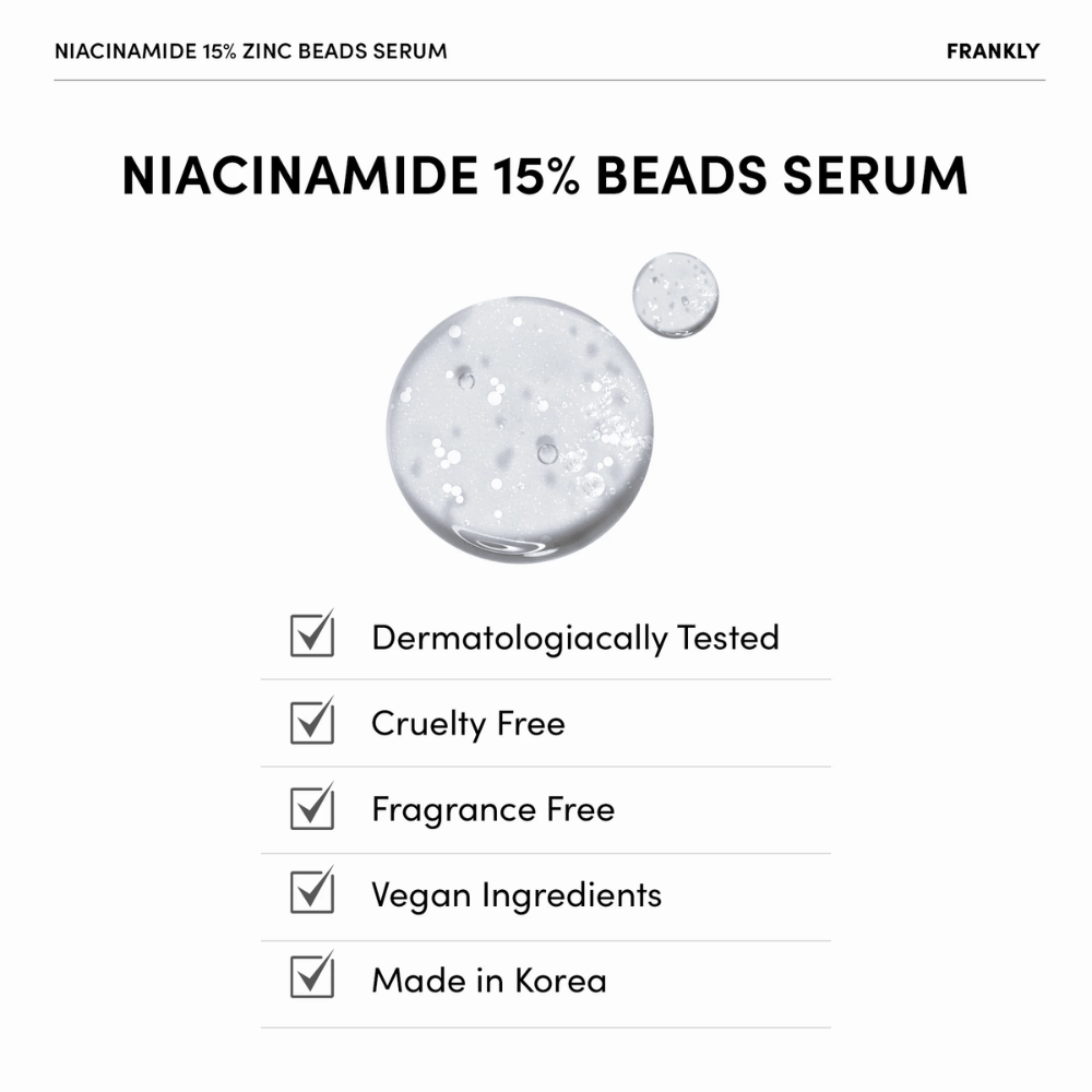 Gel claro con perlas blancas en FRANKLY Niacinamide 15% + Zinc Beads Serum. El texto muestra que el producto es vegano, sin perfume y dermatológicamente probado.