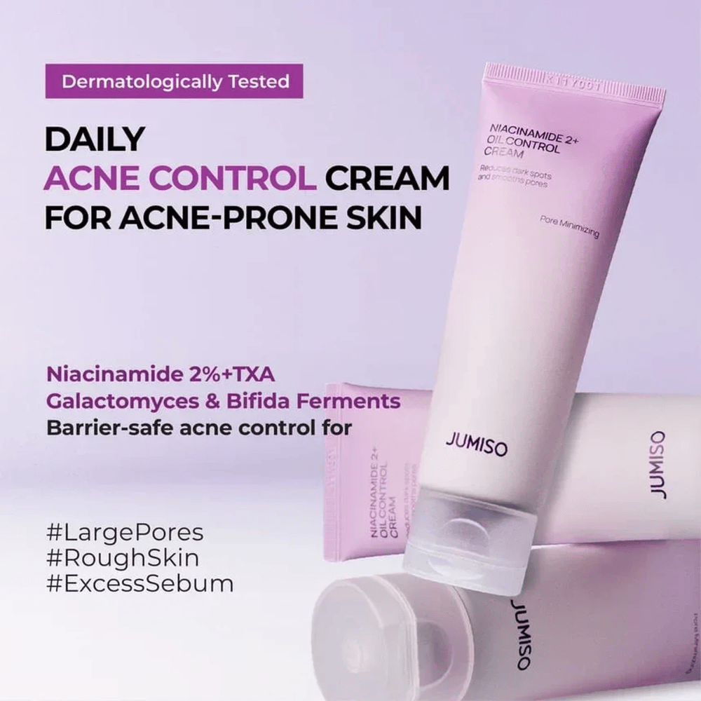 Imagen promocional de JUMISO Niacinamide 2+ Oil Control Cream centrada en el cuidado diario de la piel propensa al acné. El texto describe ingredientes como la niacinamida, el ácido tranexámico, el galactomyces y el fermento bifida, que ayudan a controlar el sebo y fortalecer la barrera cutánea.
