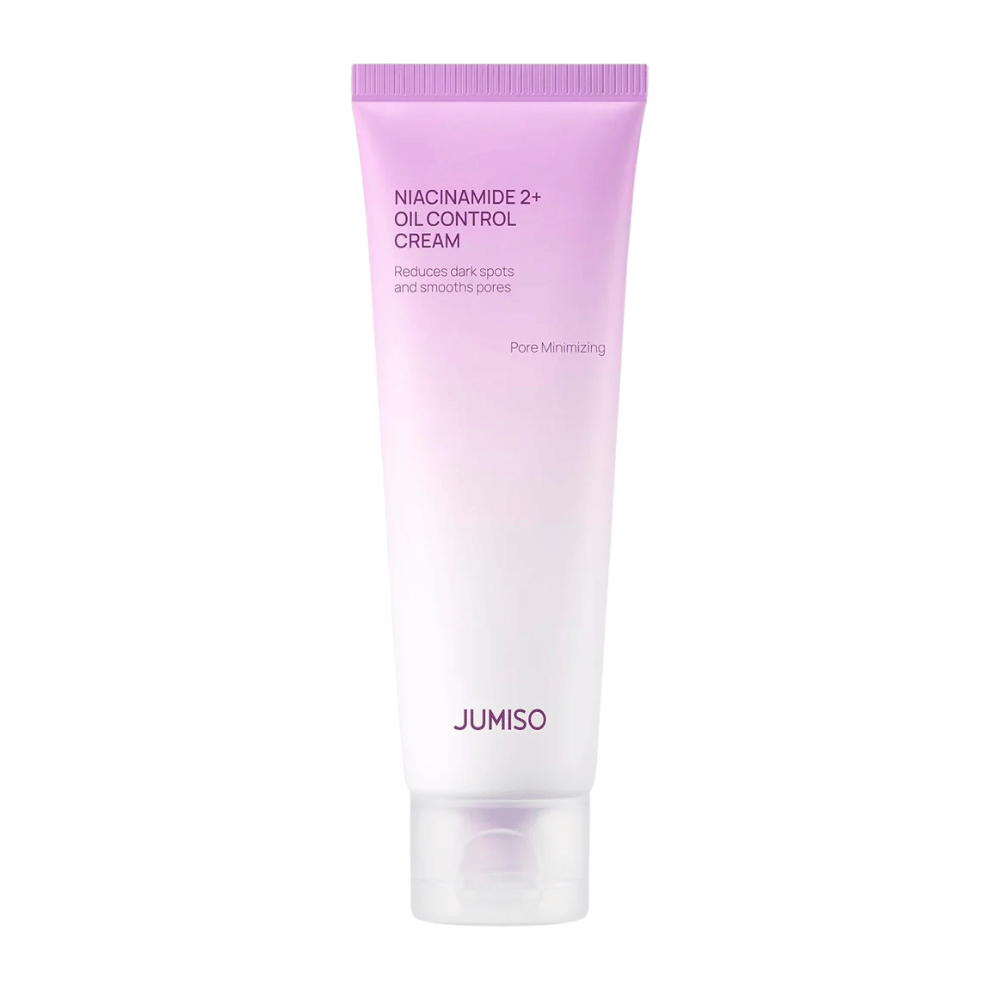 Imagen del producto de JUMISO Niacinamide 2+ Oil Control Cream sobre un fondo claro. El tubo rosa y blanco resalta el enfoque del producto en el control del sebo, la reducción de los poros y la mejora del tono de la piel para pieles grasas y mixtas.