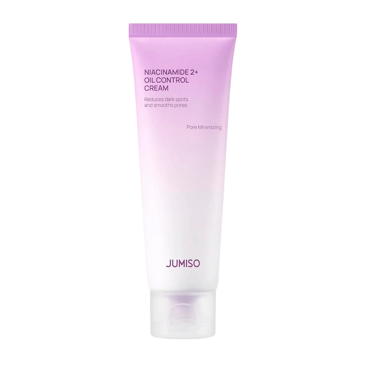 Imagen del producto de JUMISO Niacinamide 2+ Oil Control Cream sobre un fondo claro. El tubo rosa y blanco resalta el enfoque del producto en el control del sebo, la reducción de los poros y la mejora del tono de la piel para pieles grasas y mixtas.