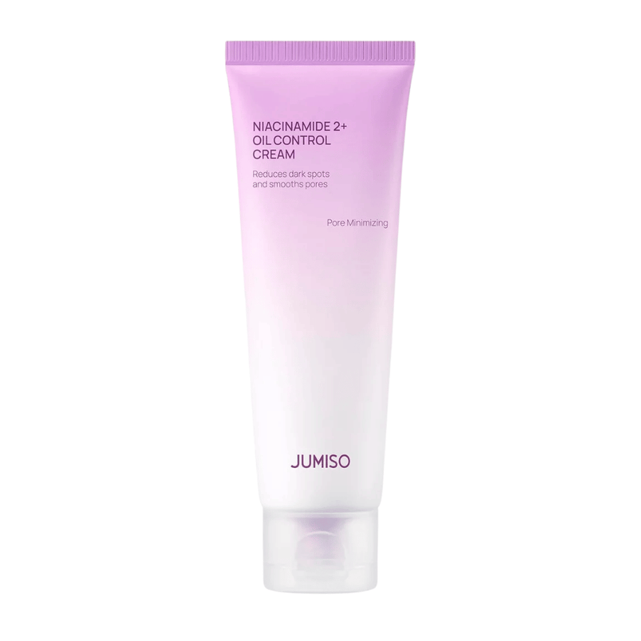 Imagen del producto de JUMISO Niacinamide 2+ Oil Control Cream sobre un fondo claro. El tubo rosa y blanco resalta el enfoque del producto en el control del sebo, la reducción de los poros y la mejora del tono de la piel para pieles grasas y mixtas.