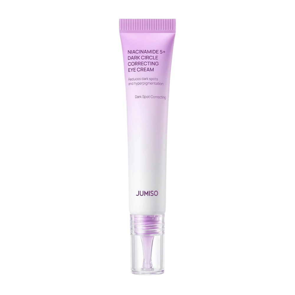 5. Jumiso Niacinamide 5+ Dark Circle Correcting Eye Cream – tubo lila y blanco con aplicador transparente sobre fondo blanco