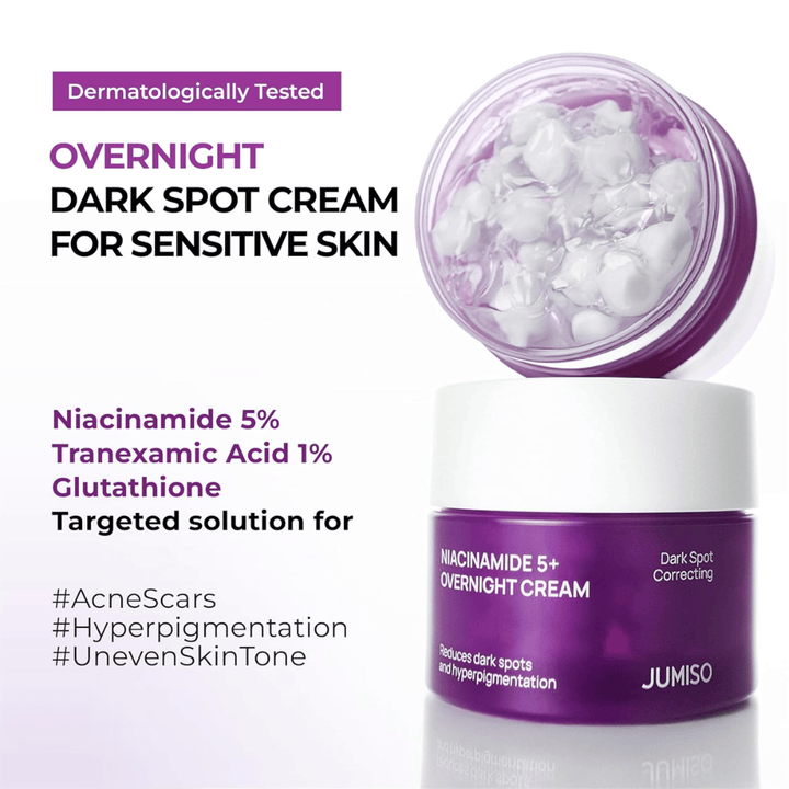 JUMISO Niacinamide 5+ Overnight Cream con el tarro abierto que muestra la textura de gel en cápsulas. La imagen destaca ingredientes como niacinamida al 5 %, ácido tranexámico al 1 % y glutatión para la pigmentación y el tono desigual de la piel.