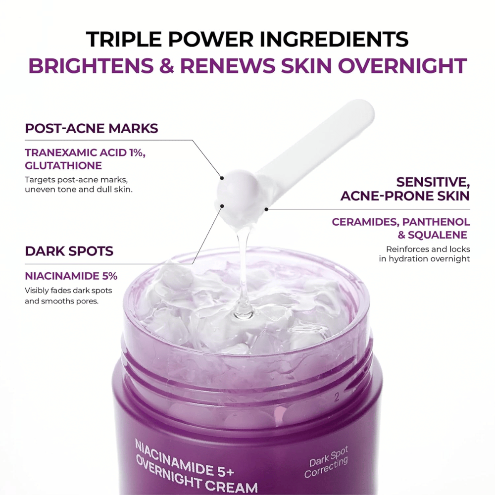 Primer plano de JUMISO Niacinamide 5+ Overnight Cream con gel en cápsulas e ingredientes activos como niacinamida, ácido tranexámico, glutatión, ceramidas, pantenol y squalane para luminosidad e hidratación.