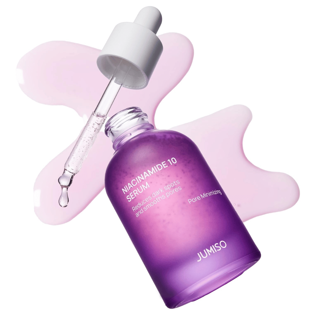 Jumiso Niacinamide 10 Serum con pipeta. El suero contiene 10% de niacinamida que reduce las manchas oscuras, equilibra el sebo y refina los poros.