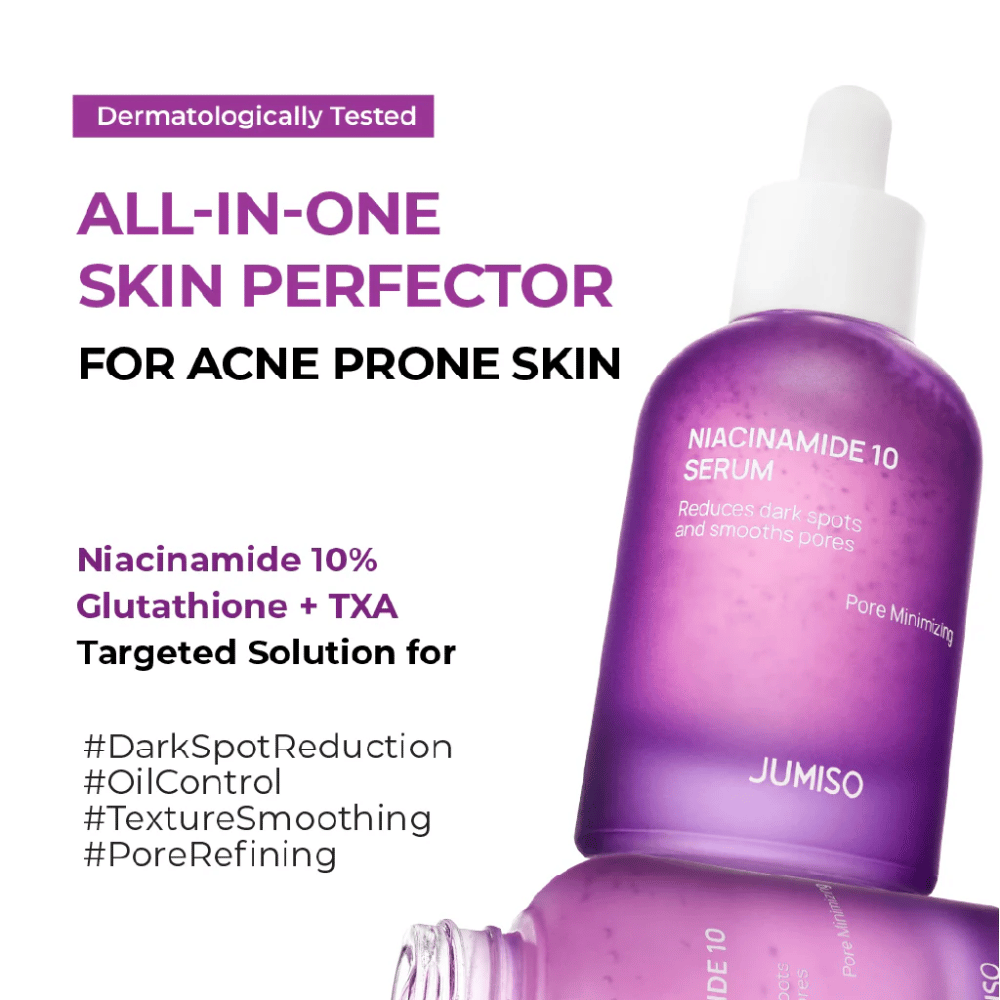 Jumiso Niacinamide 10 Serum – un suero todo en uno para piel propensa al acné con 10% de niacinamida, glutatión y TXA que reduce manchas oscuras y poros.
