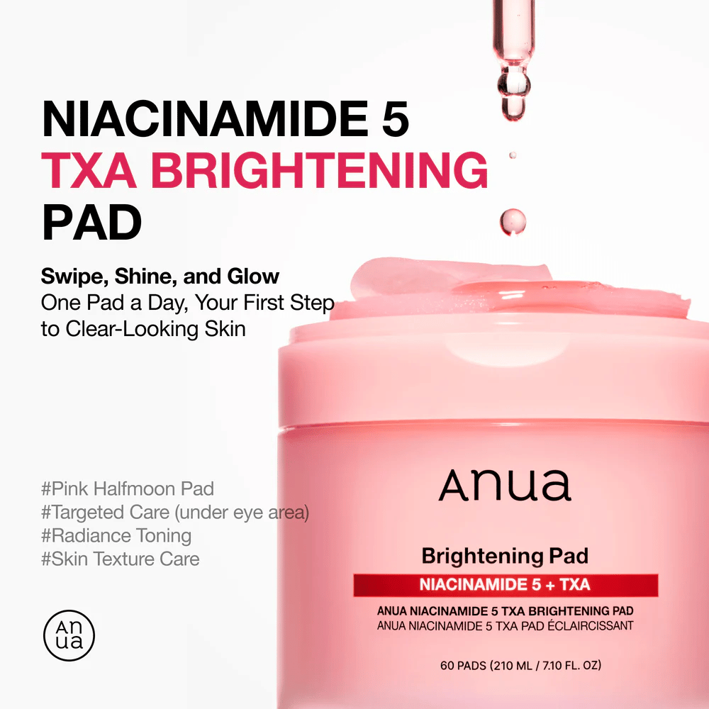 Tarro rosa con Anua Niacinamida 5 TXA Brightening Pad y almohadillas semiformadas, con texto que destaca el brillo, tono de piel más uniforme y cuidado específico con niacinamida y ácido tranexámico.