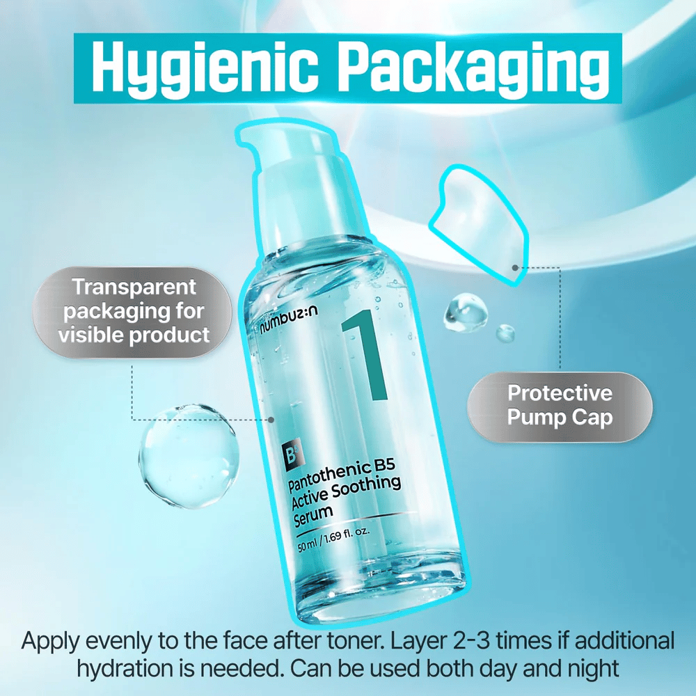 numbuzin No.1 Pantothenic B5 Active Soothing Serum 50 ml – suero calmante B5 con bomba higiénica y botella transparente para piel propensa al acné