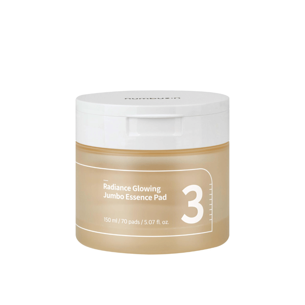 Imagen del producto de un frasco cerrado con numbuzin No. 3 Radiance Glowing Jumbo Essence Pad, 150 ml / 70 almohadillas.