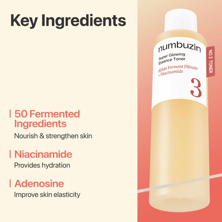 Numbuzin No.3 Toner contiene 50 ingredientes fermentados, niacinamida y adenosina que fortalecen e hidratan la piel.