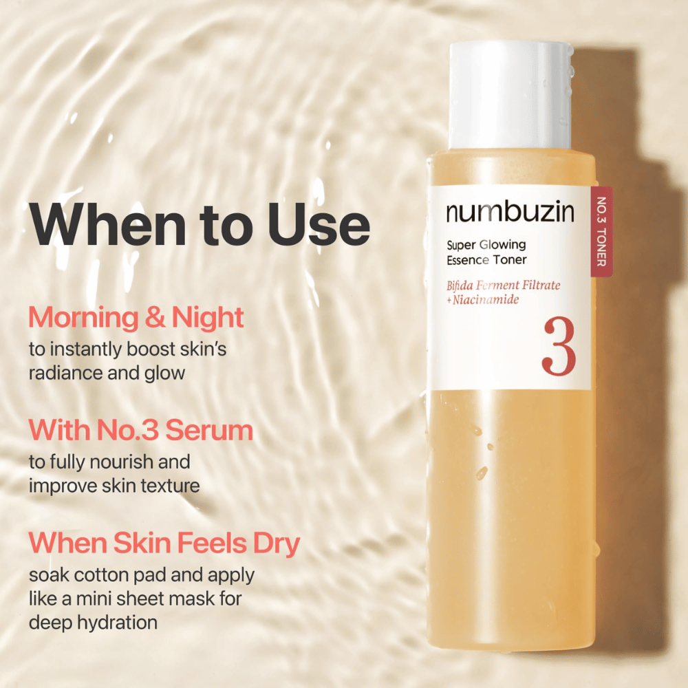 Uso de Numbuzin No.3 Toner – mañana, noche o en caso de sequedad para proporcionar brillo y una hidratación profunda a la piel.