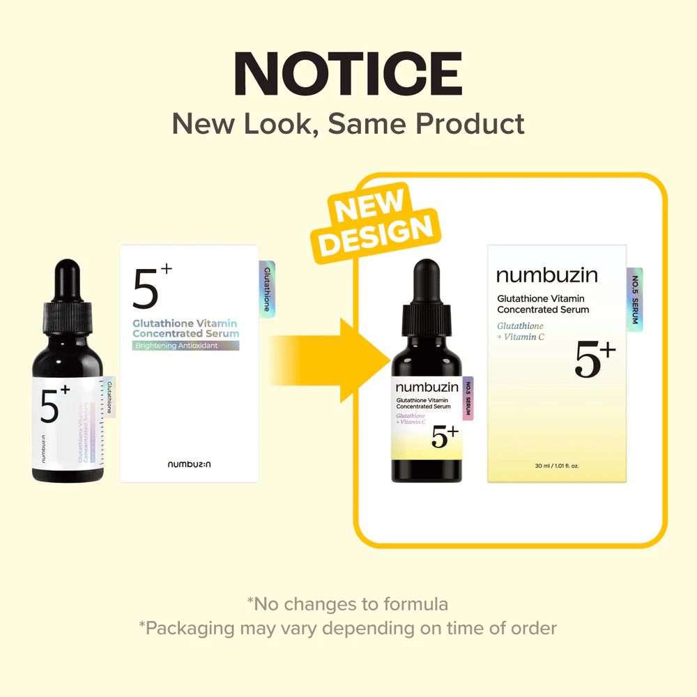 numbuzin No.5+ Glutathione Vitamin Concentrated Serum con nuevo diseño de envase – la misma fórmula para luminosidad y un tono de piel más uniforme.