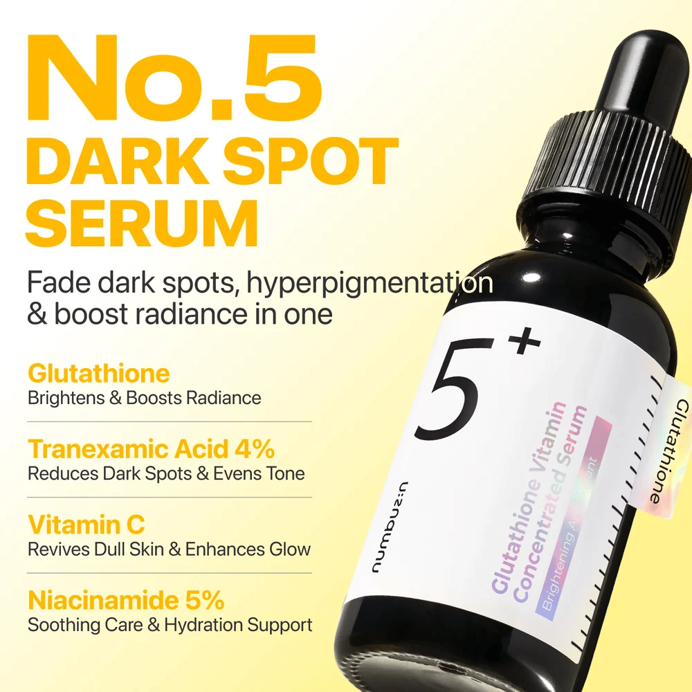 numbuzin No.5+ Glutathione Vitamin Concentrated Serum – sérum iluminador con glutatión, ácido tranexámico, vitamina C y 5% de niacinamida.