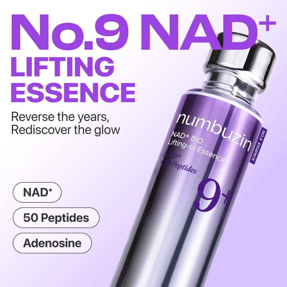 Numbuzin No.9 NAD+ Lifting Essence – esencia poderosa con NAD+, péptidos y adenosina que restaura el brillo y la firmeza de la piel.