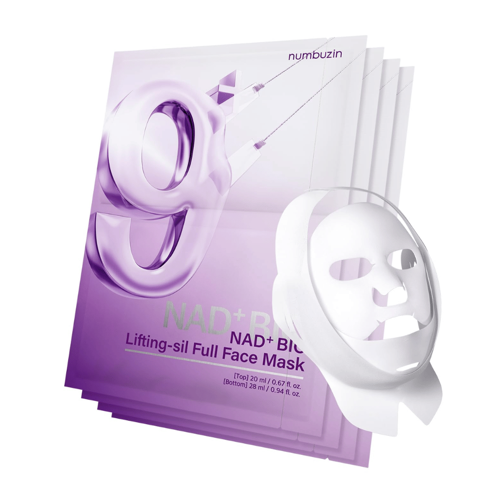 Paquete de mascarillas faciales de No.9 NAD Bio Lifting-sil, que incluye una mascarilla facial completa en material transparente y el empaque que muestra el uso del producto para el levantamiento facial.