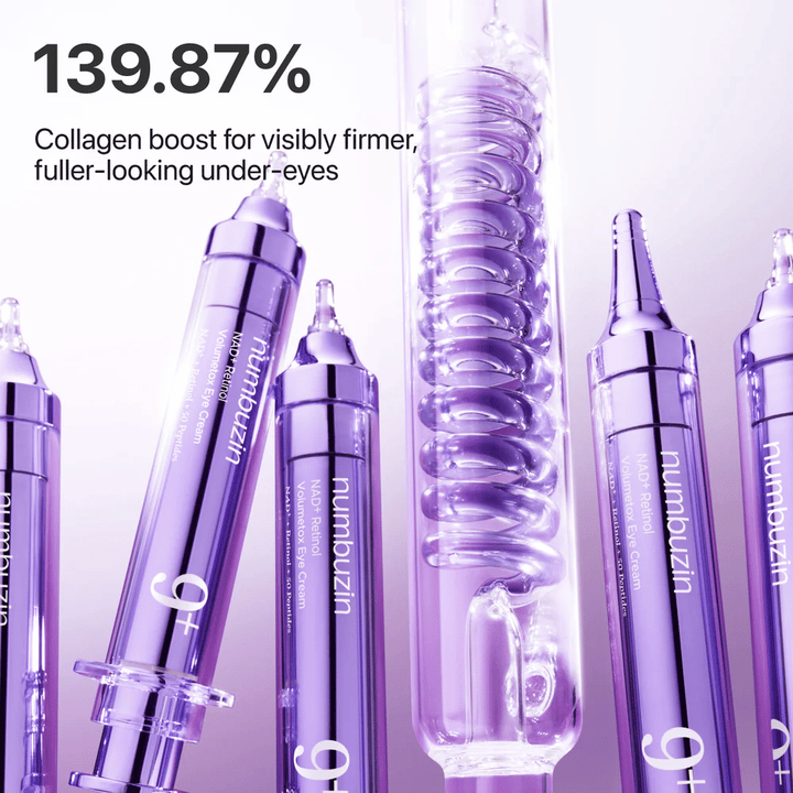 Ilustración que muestra el impulso de colágeno de No.9 NAD+ Retinol Volumetox Eye Cream, desarrollado para una piel más firme y voluminosa bajo los ojos con resultados visibles.