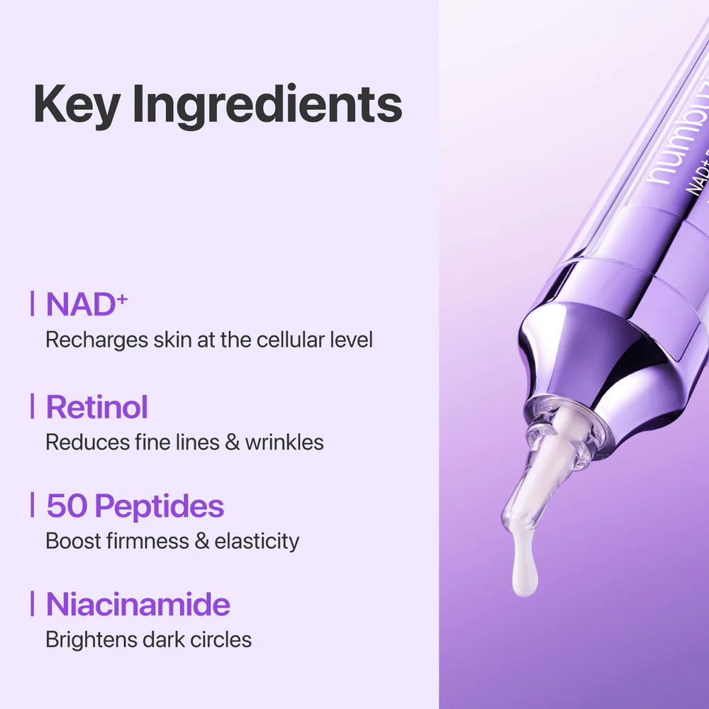 Ingredientes clave en No.9 NAD+ Retinol Volumetox Eye Cream, con NAD+, retinol, 50 péptidos y niacinamida que ayudan a fortalecer la piel y reducir las líneas finas.