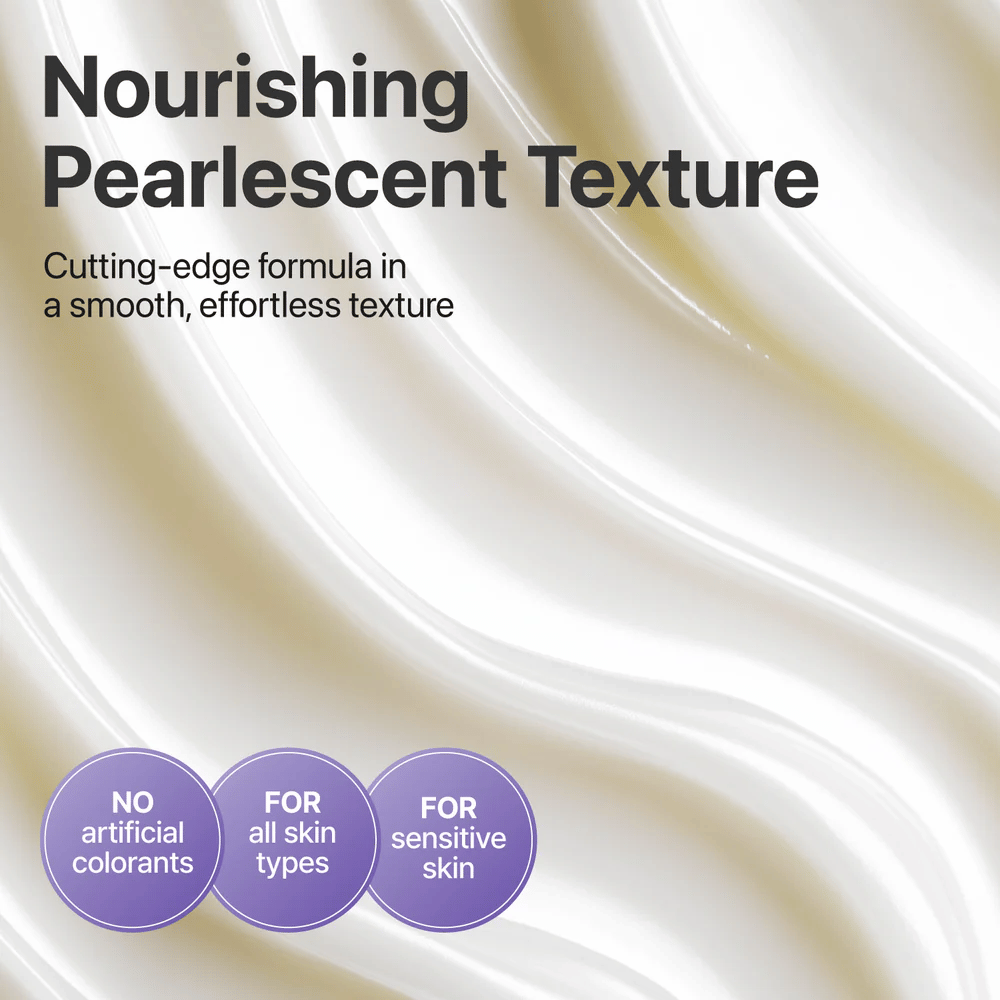Primer plano de la textura nacarada en No.9 NAD+ Retinol Volumetox Eye Cream, una crema para ojos nutritiva y suave sin colorantes artificiales, adecuada para pieles sensibles.