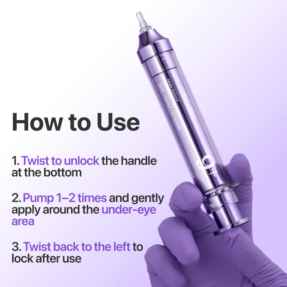 Imagen de instrucciones que muestra cómo se usa No.9 NAD+ Retinol Volumetox Eye Cream, con función de giro, dosificación con bomba y aplicación alrededor del área de los ojos para un uso seguro y preciso.
