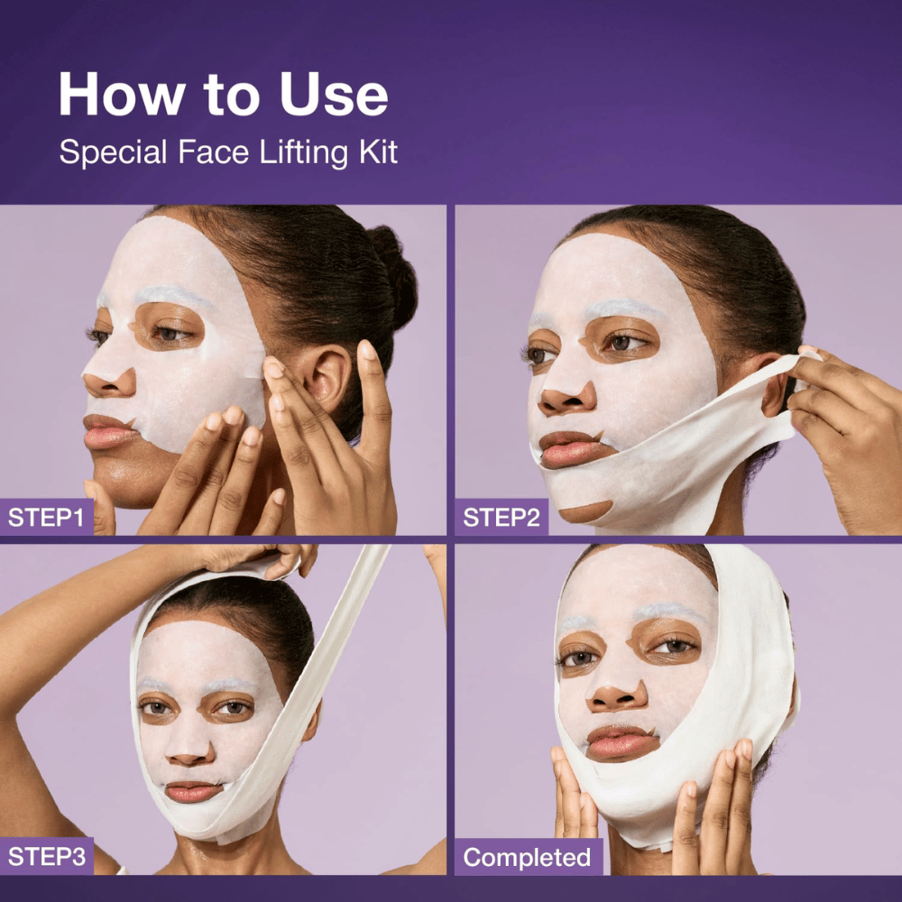 Instrucciones en imágenes paso a paso para el uso de un kit de levantamiento facial, donde la modelo aplica la mascarilla facial y ajusta la banda de levantamiento para completar el tratamiento.