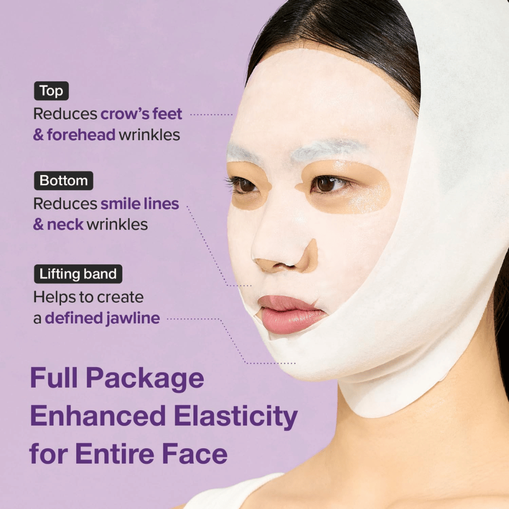 Modelo que lleva una mascarilla con secciones específicas que reducen las arrugas en los ojos, frente, líneas de sonrisa y cuello, así como una banda de levantamiento para definir la línea de la mandíbula. El texto describe los beneficios del uso de la mascarilla.