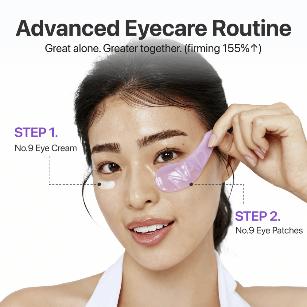 Aplicación del parche para ojos numbuzen No.9 NAD+ Collagen paso a paso en la rutina de cuidado de ojos para una piel más firme y despierta.
