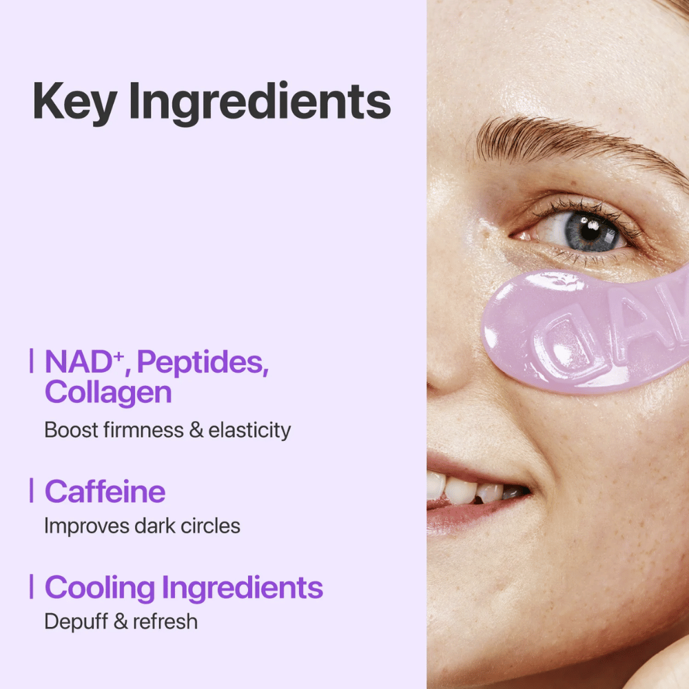 Primer plano del parche para ojos numbuzen No.9 NAD+ Collagen – contiene NAD+, colágeno y péptidos que fortalecen e hidratan la piel bajo los ojos.