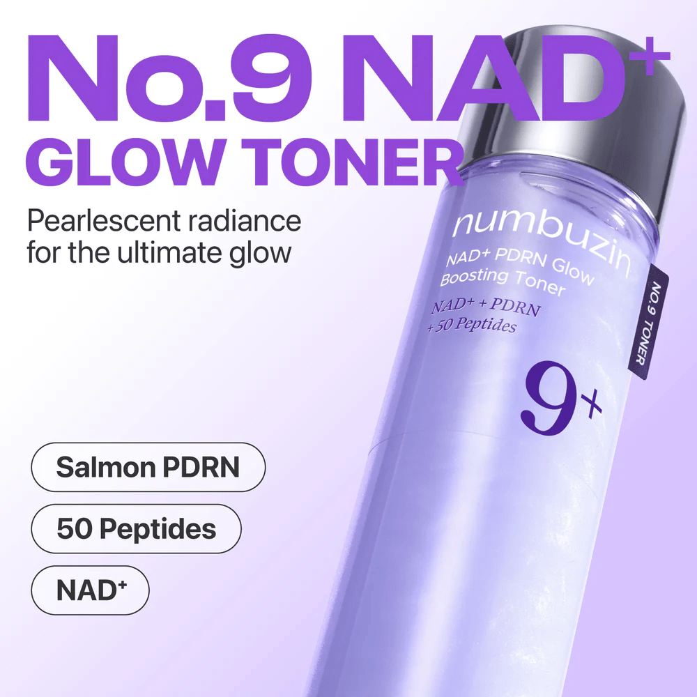 Imagen del producto Numbuzin No.9 NAD+ Glow Toner en botella morada. Texto: “Brillo nacarado para un resplandor supremo” con ingredientes Salmon PDRN, 50 Péptidos, NAD+.