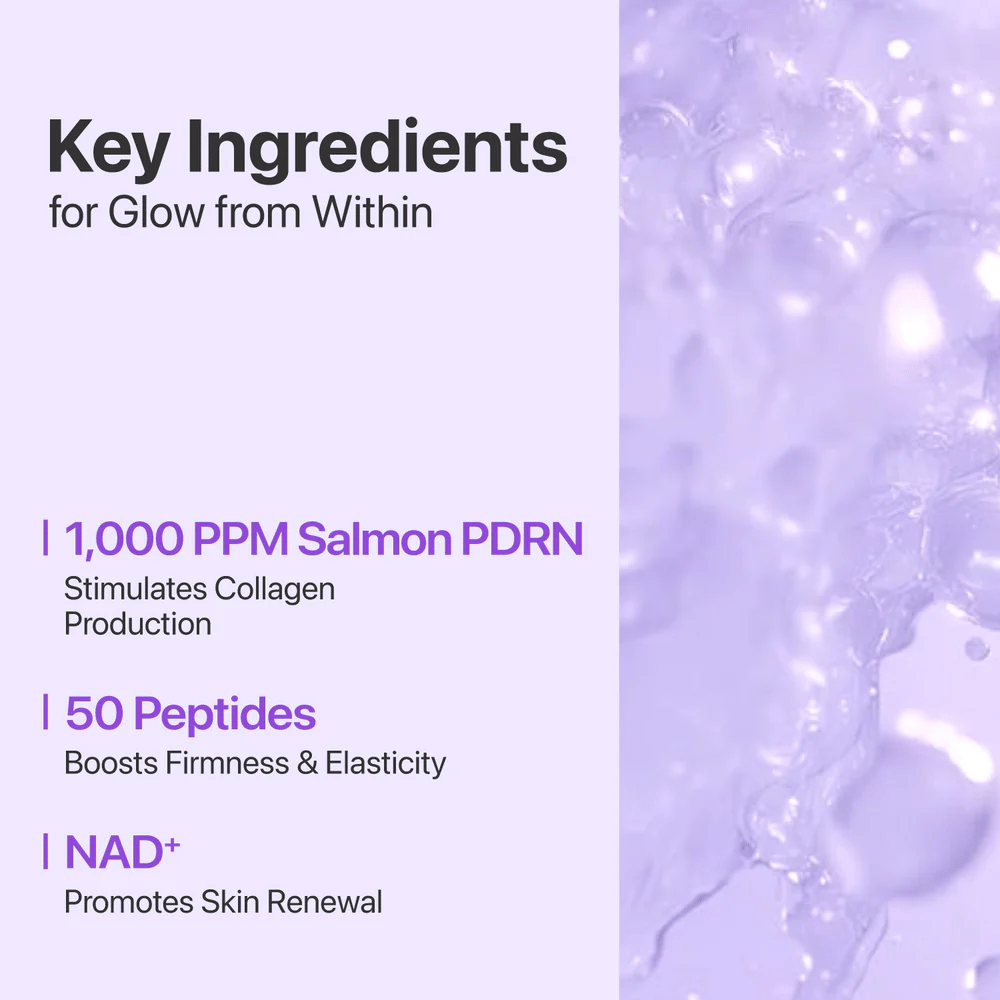 Texto y fondo muestran los ingredientes clave: 1000 ppm Salmon PDRN, 50 Péptidos y NAD+ que fortalecen, hidratan y renuevan la piel.