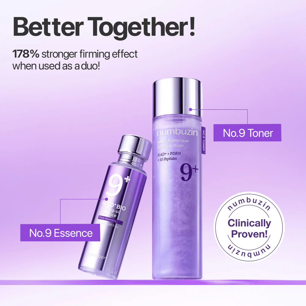 Numbuzin No.9 Toner y Essence se muestran juntos en tonos morados. Texto: “Mejor juntos – 178% más fuerte efecto reafirmante cuando se usan como dúo.”