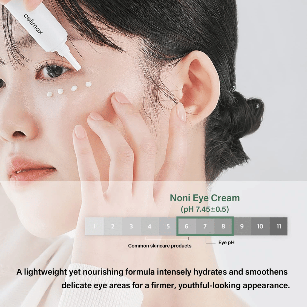 Una mujer aplica Noni Eye Cream debajo de los ojos. El producto está empaquetado en un tubo blanco y se coloca como pequeños puntos alrededor del área de los ojos. El texto debajo de la imagen describe que la crema es ligera pero nutritiva, intensifica la hidratación de la piel y proporciona un aspecto más firme y juvenil. También se muestra el valor de pH del producto (7,45±0,5).