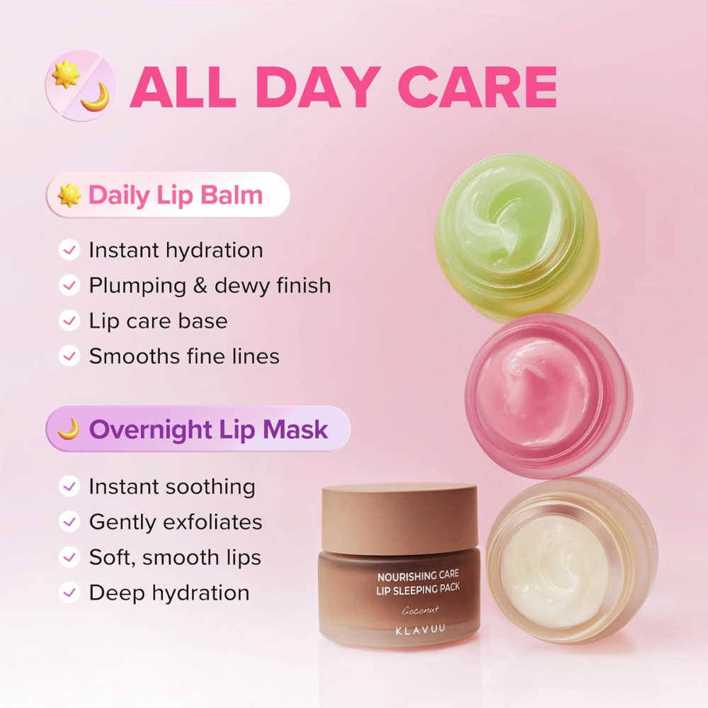 KLAVUU Nourishing Care Lip Sleeping Pack Coconut puede utilizarse como bálsamo labial durante el día o como mascarilla labial intensiva durante la noche para unos labios suaves.