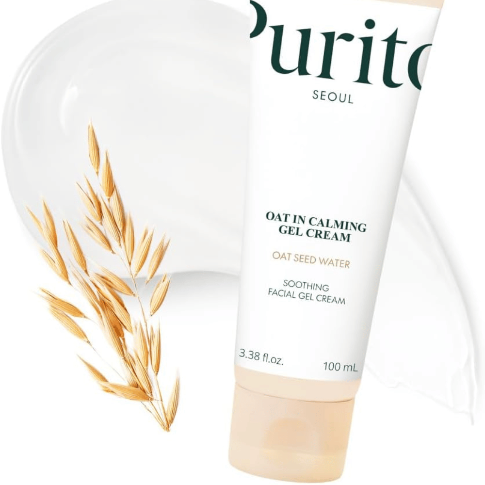 Purito Oat-In Calming Gel Cream con avena y textura de crema. Crema en gel hidratante con agua de semilla de avena para una piel suave y equilibrada.