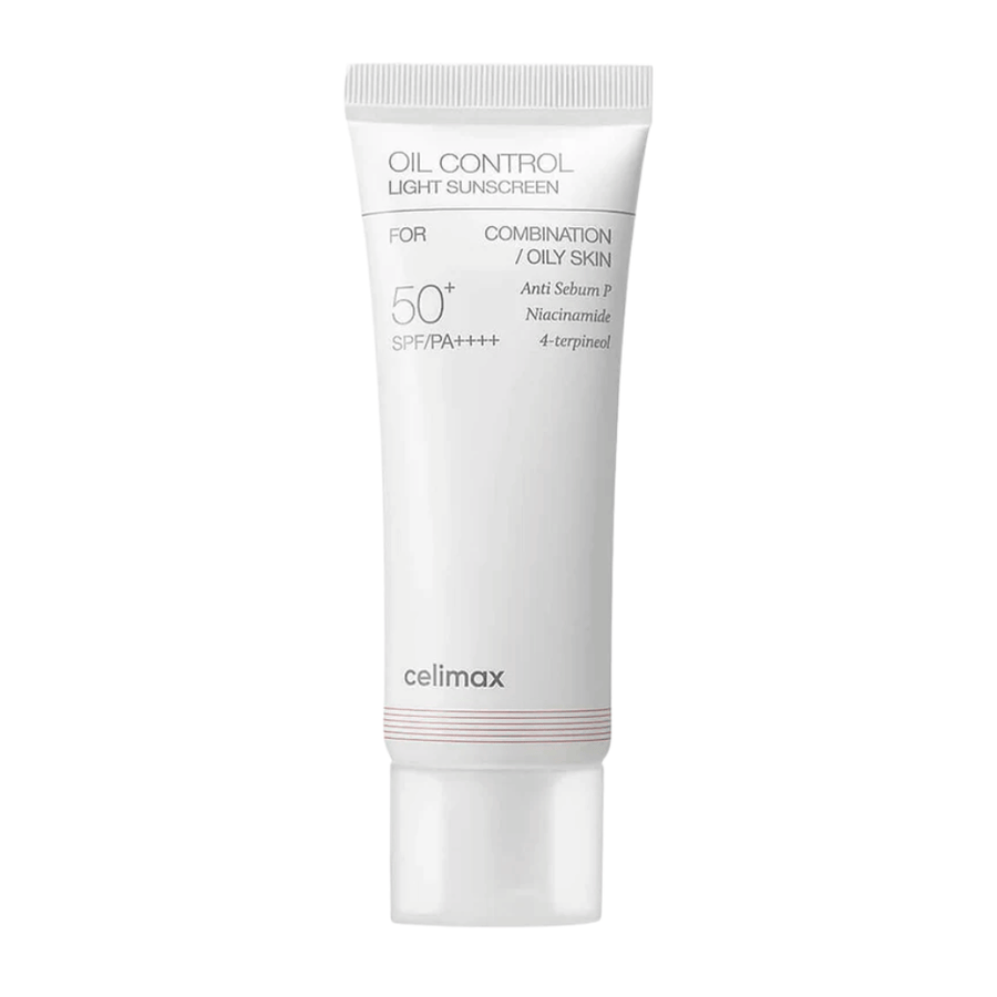 Celimax Oil Control Light Sunscreen SPF 50+ PA++++ imagen del producto con enfoque en la fórmula y los ingredientes como la niacinamida para el control del sebo y un tono de piel más uniforme
