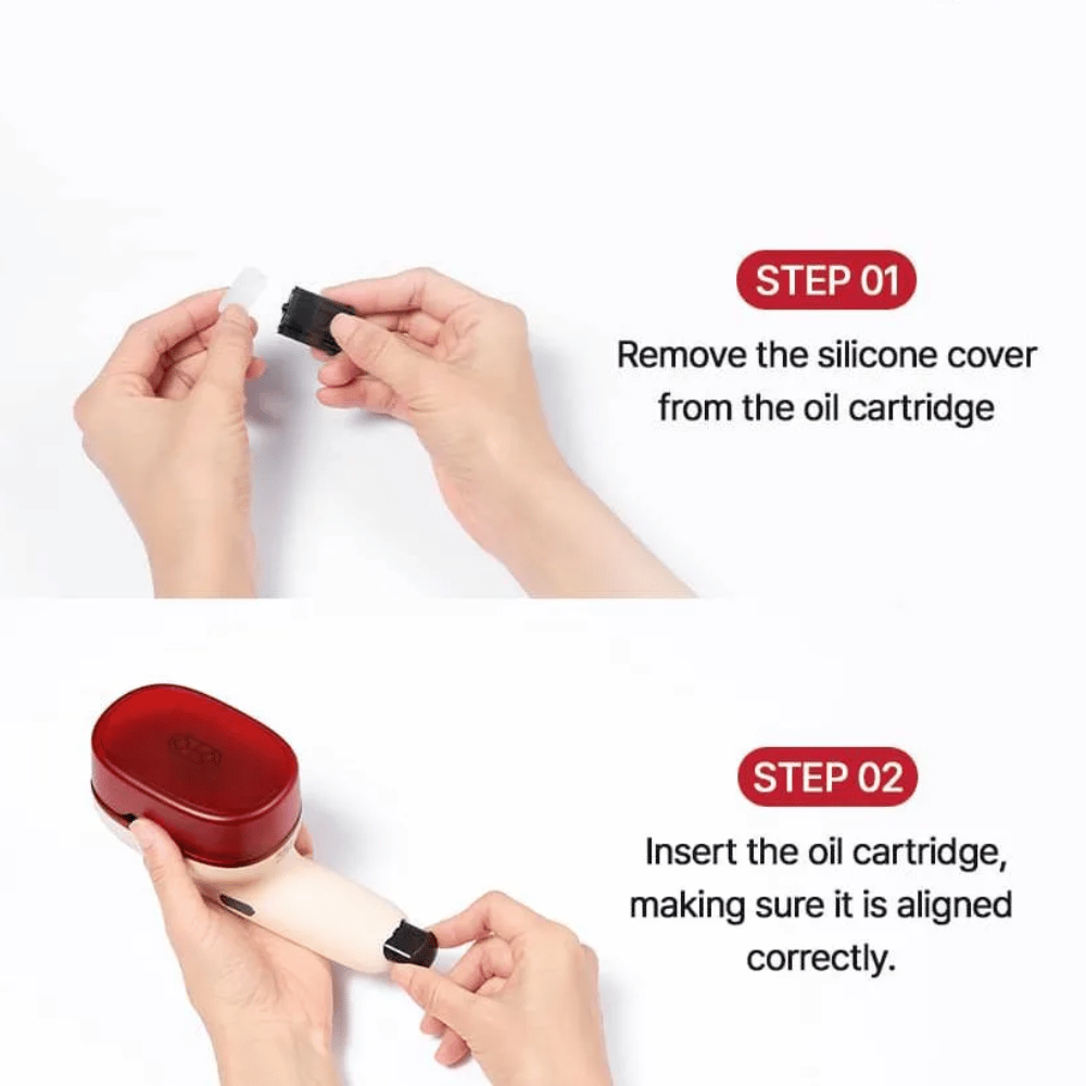 MOEV Oil Cartridges – guía paso a paso: retire la funda de silicona e inserte correctamente el cartucho de aceite en el dispositivo de cuidado del cabello.