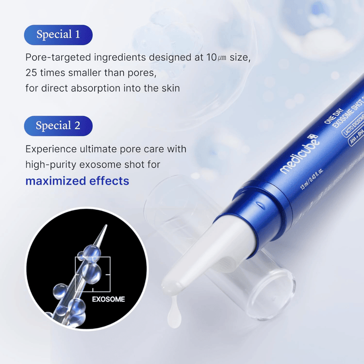 Medicube One Day Exosome Shot Pore Ampoule 25000 con exosomas que mejoran la absorción, minimizan los poros y proporcionan un cuidado intensivo de la piel