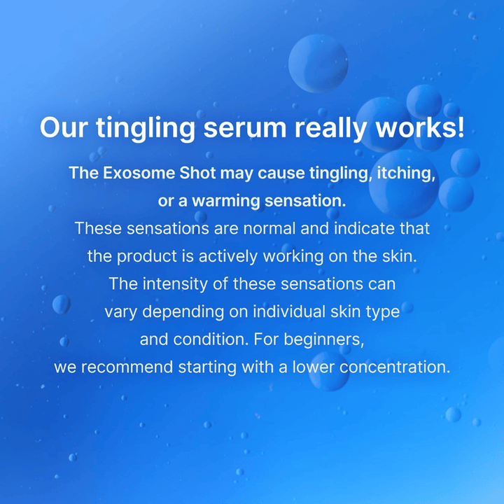 Información del sérum de exosomas sobre la sensación de hormigueo durante el uso, que indica un tratamiento activo de la piel, y recomendación de comenzar con una concentración más baja