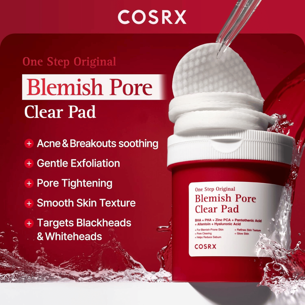 Imagen de producto de COSRX One Step Original Blemish Pore Clear Pad con enfoque en la exfoliación, la minimización de poros y el cuidado de la piel propensa al acné.