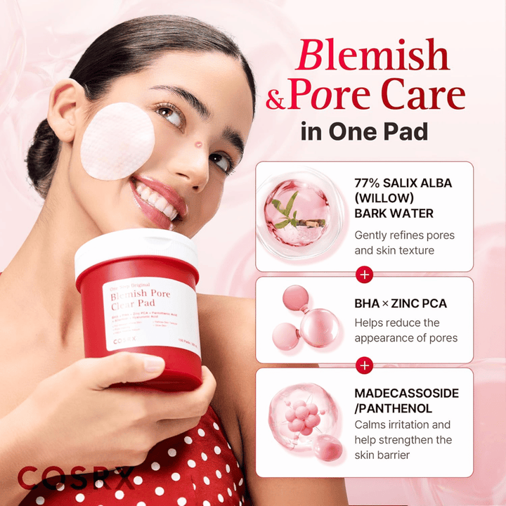 Imagen de producto con modelo y enfoque en los ingredientes para COSRX One Step Original Blemish Pore Clear Pad con agua de corteza de sauce, BHA, Zinc PCA y madecassoside.