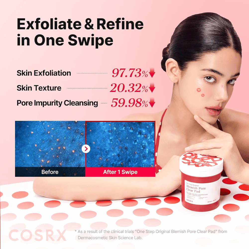 Imagen promocional de COSRX One Step Original Blemish Pore Clear Pad que muestra el efecto exfoliante y la limpieza de poros después de una sola aplicación.
