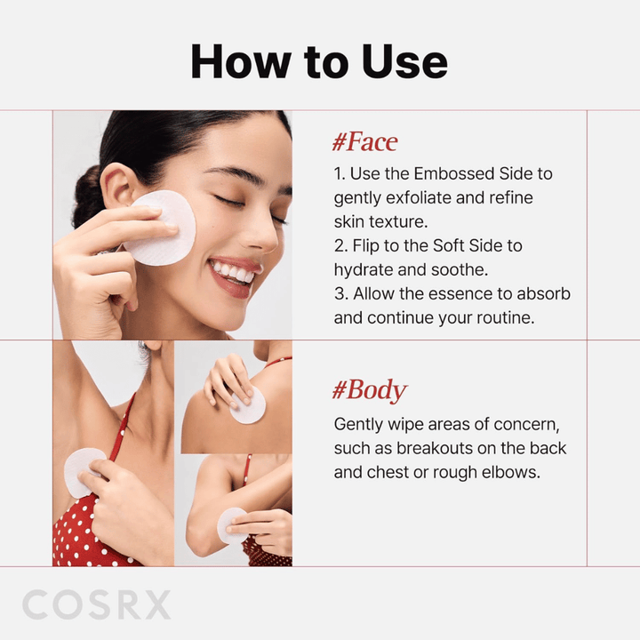 Imagen instructiva que muestra cómo se usa COSRX One Step Original Blemish Pore Clear Pad en el rostro y en el cuerpo para exfoliación y cuidado.