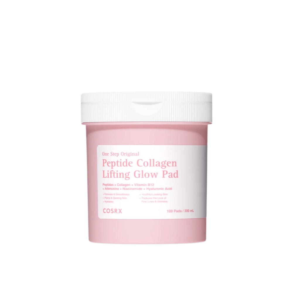 Imagen de producto recortada de COSRX One Step Original Peptide Collagen Lifting Glow Pad en envase rosa sobre un fondo claro.