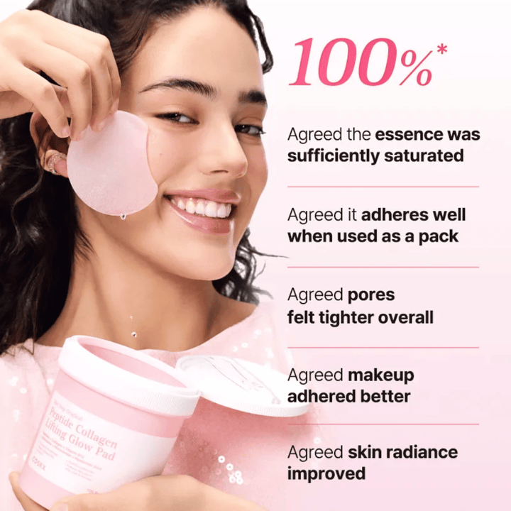 Modelo usa COSRX Peptide Collagen Lifting Glow Pad con enfoque en hidratación, luminosidad y mejora de la elasticidad de la piel.