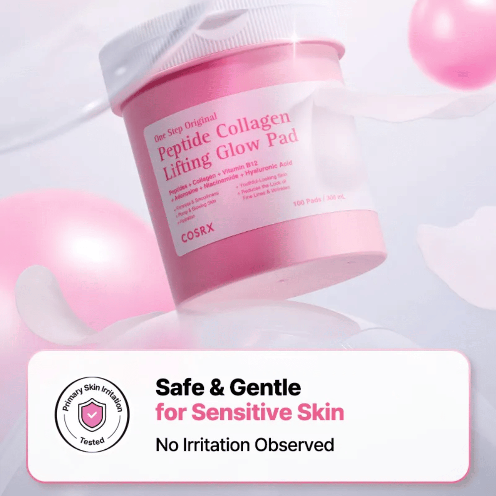 Imagen de producto de COSRX One Step Original Peptide Collagen Lifting Glow Pad con mensaje sobre una fórmula suave para piel sensible y de baja irritación probada.