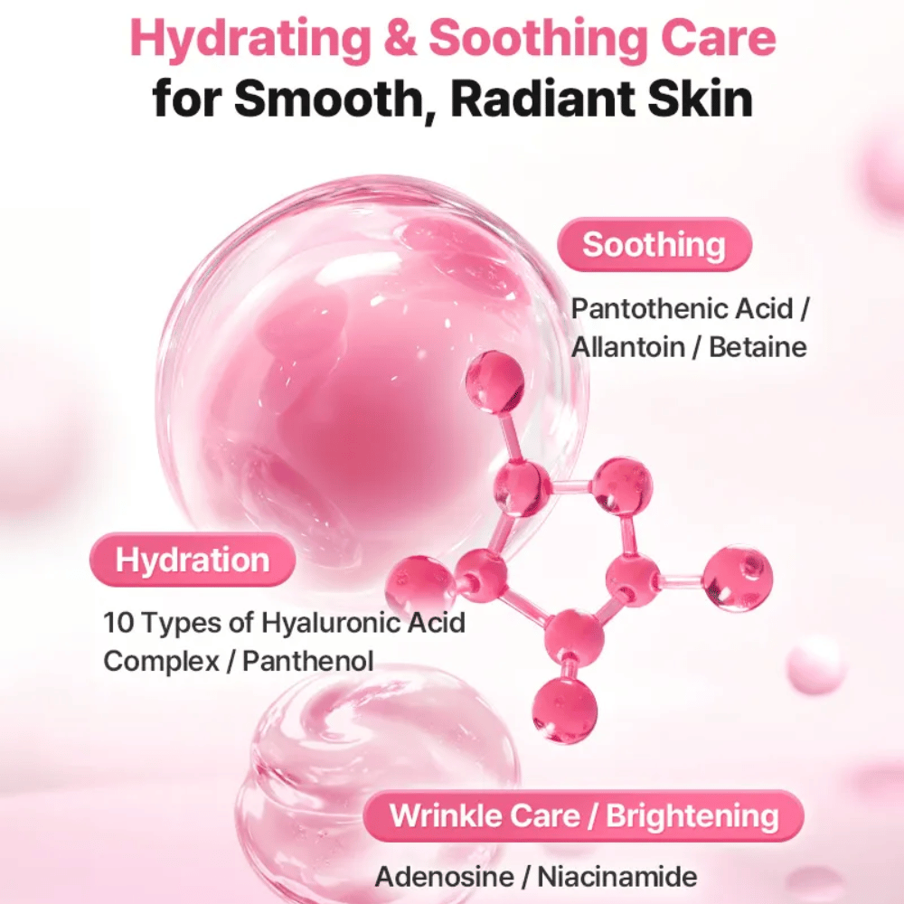 Imagen ilustrativa de ingredientes de COSRX Peptide Collagen Lifting Glow Pad con enfoque en hidratación, efecto calmante e ingredientes que aportan luminosidad como ácido hialurónico, niacinamida y pantenol.